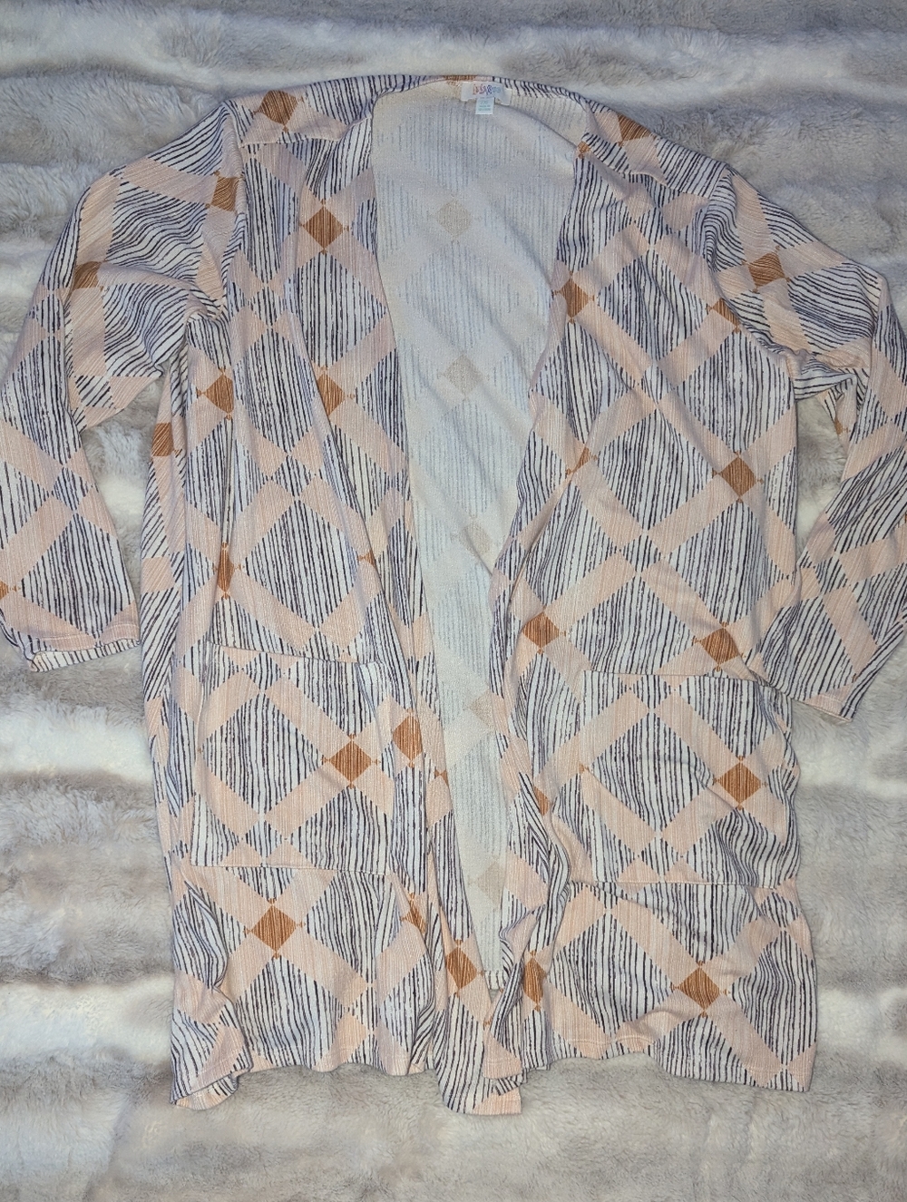 LuLaRoe 2XL Pink Purple Rust Geometric Aztec Open Front Lightweight Cardigan